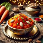 "Delicious gajar halwa served in a bowl, garnished with chopped nuts, showcasing its vibrant orange color and rich texture, perfect for enjoying during the winter season."